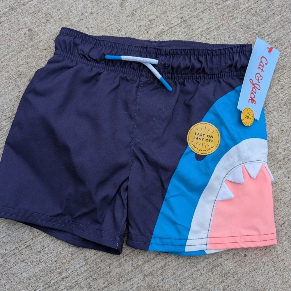 Cat‎ & Jack Swim Trunks Toddler Boys 2T Navy Blue NWT Shark UPF 50+ Drawstring
